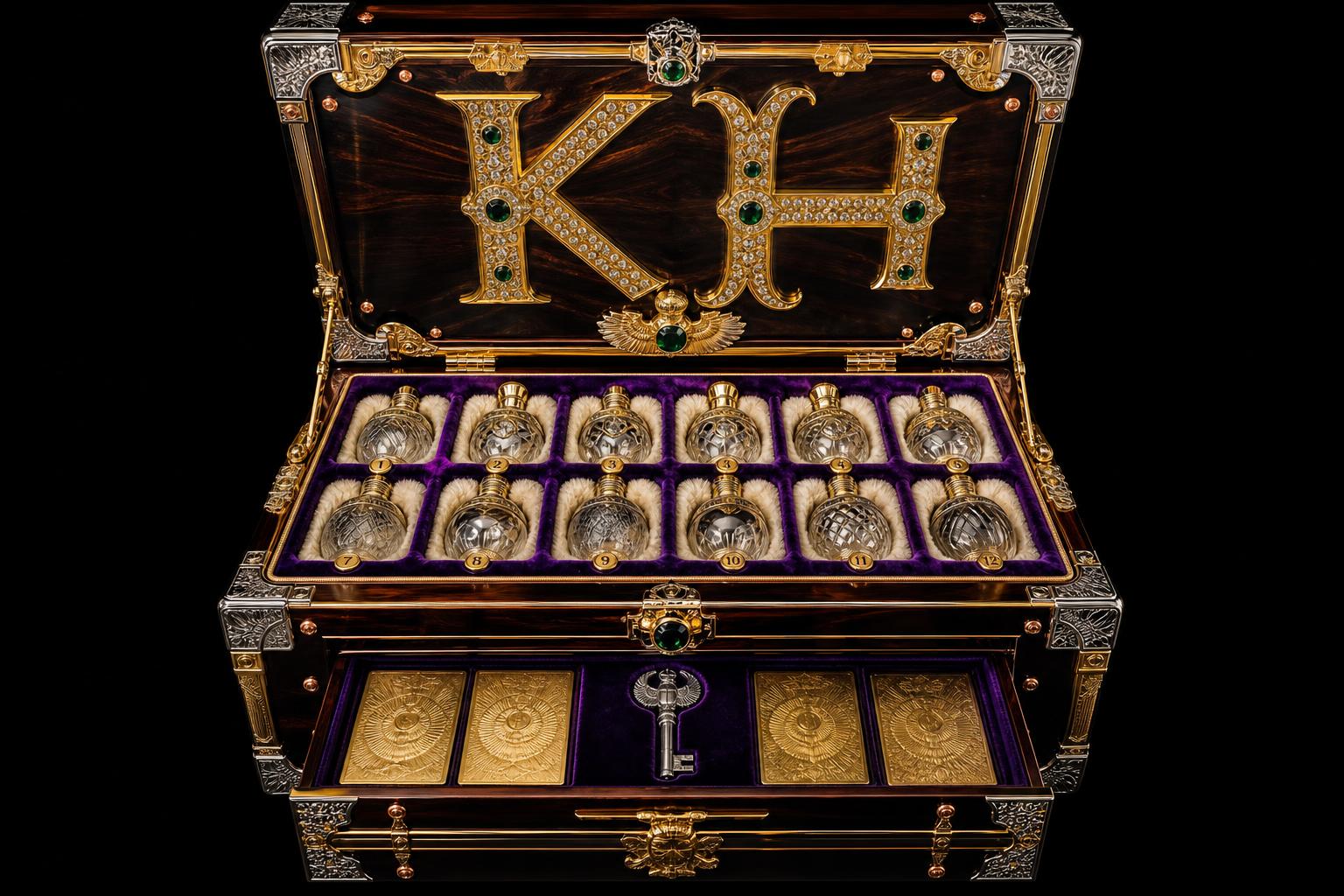 Founder's tier presentation trunk in ebony with gold KH monogram, twelve vessels, gold certificates and silver key